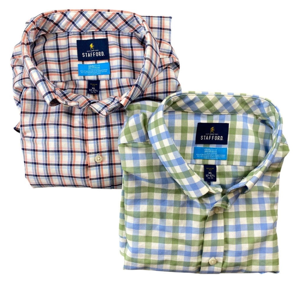 Stafford Coolmax Dress Shirts Men XL 17-17.5 Lot 2 Blue Green Orange Plaid Check